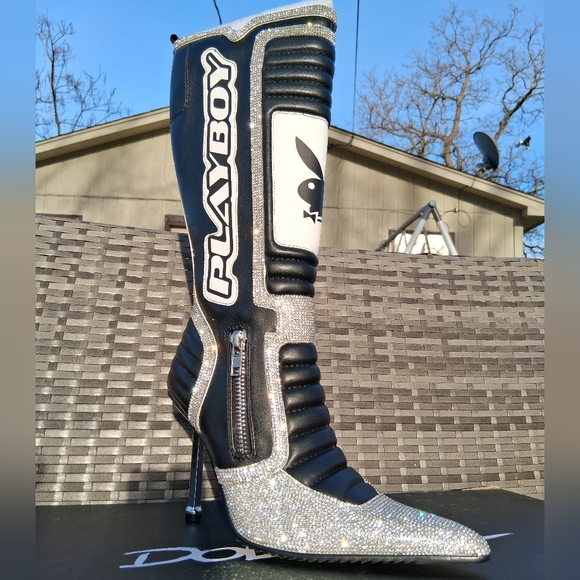 Dolls Kill Shoes - Dolls Kill x PLAYBOY™ Playmate Rhinestone Moto Stiletto Boots